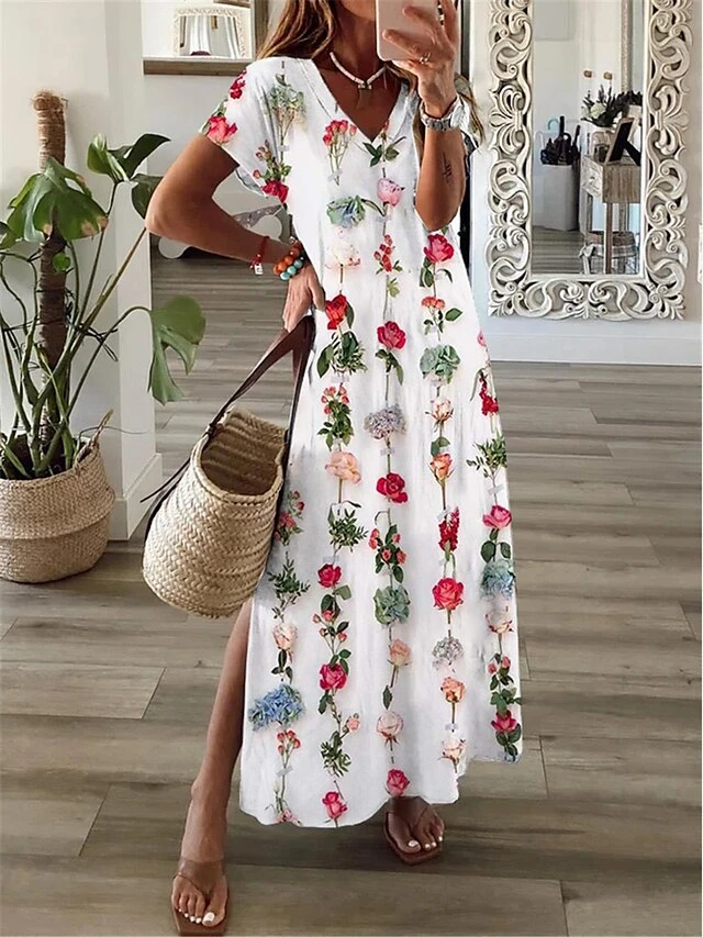 Women's Long Dress Maxi Dress Casual Dress A Line Dress Print Dress Flower Fashion Streetwear Daily Date Vacation Split Print Short Sleeve V Neck Dress Regular Fit White Pink Red Spring Summer S M L 4 Women's Long Dress Maxi Dress Casual Dress A Line Dress Print Dress Flower Fashion Streetwear Daily Date Vacation Split Print Short Sleeve V Neck Dress Regular Fit White Pink Red Spring Summer S M L - Image 4