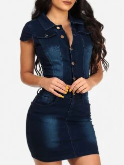 Women's Denim Dress Denim Shirt Dress Mini Dress Cotton Denim Modern Formal Daily Vacation Dress Shirt Collar Pocket Short Sleeve Summer Spring 2023 Slim Navy Blue Pure Color S M L XL XXL