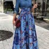 Women's Casual Dress Denim Dress A Line Dress Floral Patchwork Button Shirt Collar Long Dress Maxi Dress Fashion Streetwear Outdoor Daily Long Sleeve Regular Fit Red Blue Fall Winter S M L XL XXL