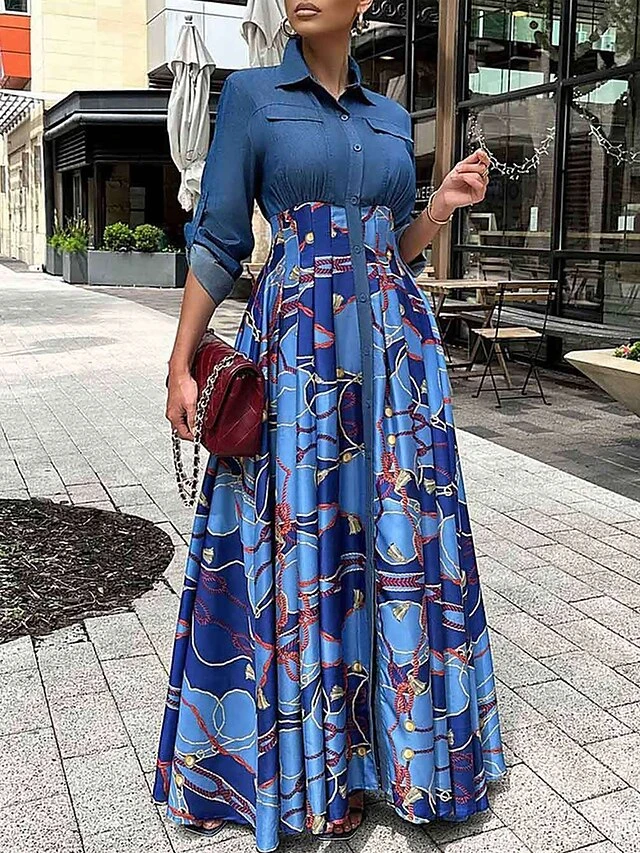 Women's Casual Dress Denim Dress A Line Dress Floral Patchwork Button Shirt Collar Long Dress Maxi Dress Fashion Streetwear Outdoor Daily Long Sleeve Regular Fit Red Blue Fall Winter S M L XL XXL 1 Women's Casual Dress Denim Dress A Line Dress Floral Patchwork Button Shirt Collar Long Dress Maxi Dress Fashion Streetwear Outdoor Daily Long Sleeve Regular Fit Red Blue Fall Winter S M L XL XXL