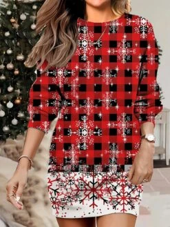 Women's Christmas Casual Dress Sweatshirt Dress Mini Dress Warm Fashion OutdoorVacation Crew Neck Print Geometric Snowman Snowflake Loose Fit White Wine Rusty Red S M L XL XXL