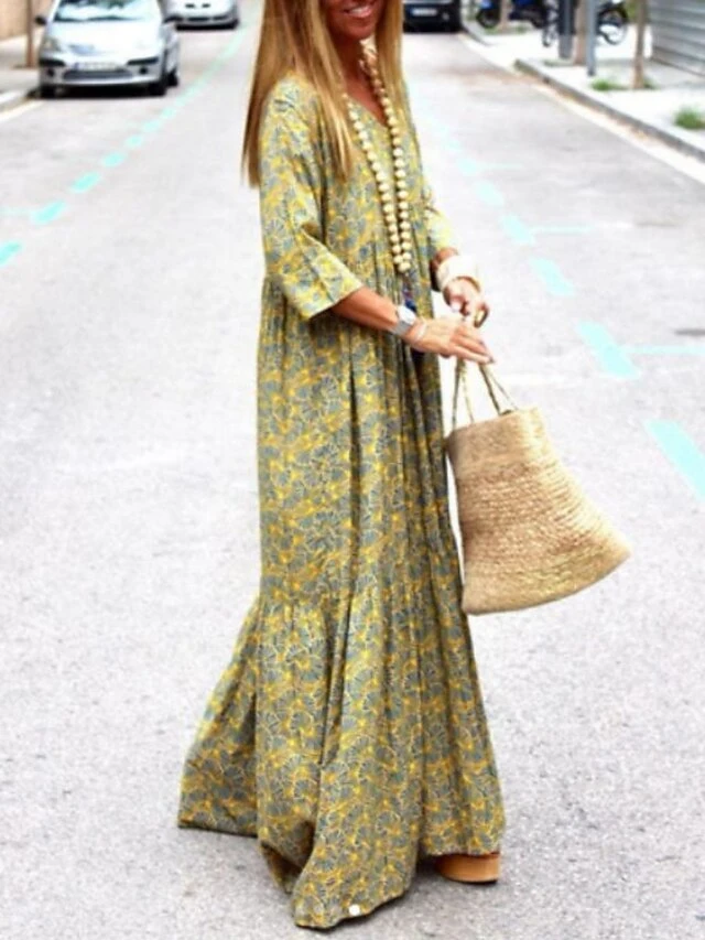 Women's Long Dress Maxi Dress Casual Dress Print Dress Spring Dress Print Fashion Casual Daily Holiday Vacation Ruched Print 3/4 Length Sleeve V Neck Dress Loose Fit Yellow Summer Spring S M L XL XXL 2 Women's Long Dress Maxi Dress Casual Dress Print Dress Spring Dress Print Fashion Casual Daily Holiday Vacation Ruched Print 3/4 Length Sleeve V Neck Dress Loose Fit Yellow Summer Spring S M L XL XXL - Image 2
