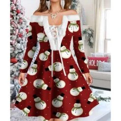 Women's Christmas Swing Dress Vintage Dress Mini Dress Green Light Green Wine Red Navy Blue White Long Sleeve Snowman Tree Snowflake Backless Feather Print Winter Fall Off Shoulder Vacation Stylish -Casual Print Dress Sales vhgyll1667977596779
