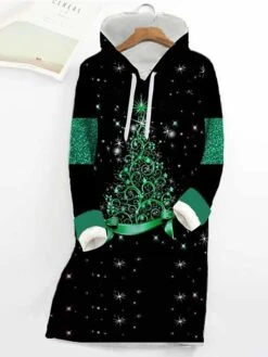 Women's Christmas Hoodie Dress Shift Dress Mini Dress Green Blue Purple Long Sleeve Christmas Tree Print Winter Fall Autumn Hooded Fashion Christmas Daily Date Loose Fit 2022 S M L XL XXL 3XL -Casual Print Dress Sales vhvzvt1667636129558