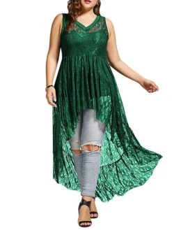 Women‘s Plus Size Curve Casual Dress Lace Dress A Line Dress Solid Color Mini Dress Sleeveless Lace Plus High Low V Neck Fashion Outdoor Black White Summer Spring XL XXL 3XL 4XL 5XL -Casual Print Dress Sales vigexh1678702064906