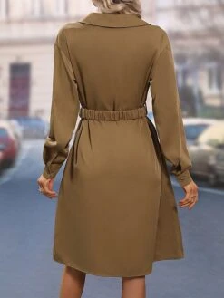 Women's Shirt Dress Casual Dress Shift Dress Mini Dress Outdoor Daily Date Polyester Basic Classic Shirt Collar Button Tie Belt Long Sleeve Spring Fall Winter 2023 Loose Fit Khaki Pure Color S M L XL -Casual Print Dress Sales vihvrw1693535888820