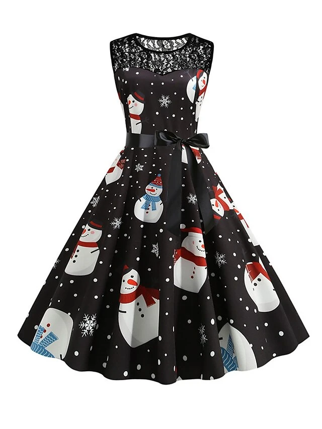 Women‘s Christmas Retro 1950s Vintage Dress Midi Dress Party Patchwork Bow Santa Claus Crew Neck Sleeveless Regular Fit Fall Winter 2023 Black White S M L XL 7 Women‘s Christmas Retro 1950s Vintage Dress Midi Dress Party Patchwork Bow Santa Claus Crew Neck Sleeveless Regular Fit Fall Winter 2023 Black White S M L XL - Image 7