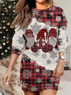 Women's Christmas Casual Dress Sweatshirt Dress Mini Dress Warm Fashion OutdoorVacation Crew Neck Print Geometric Snowman Snowflake Loose Fit White Wine Rusty Red S M L XL XXL -Casual Print Dress Sales vizuee1695640758501