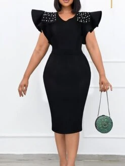 Women‘s Plus Size Curve Party Dress Cocktail Dress Bodycon Solid Color Midi Dress Short Sleeve Ruffle Split Crew Neck Fashion Party Black Wine Summer Spring L XL XXL 3XL