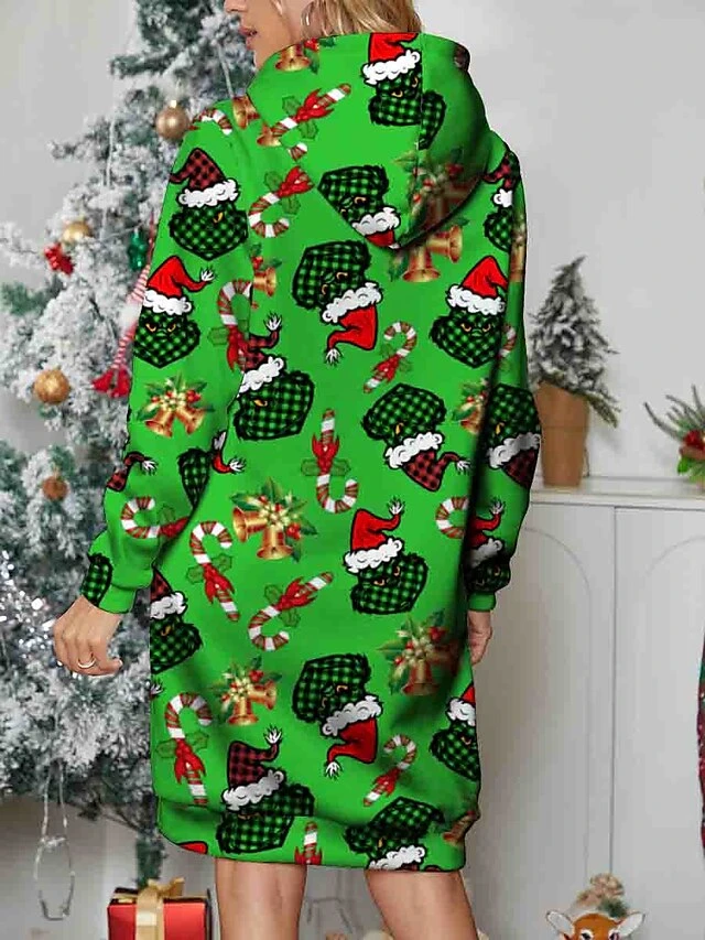 Women's Christmas Dress Hoodie Dress Mini Dress Warm Fashion Outdoor Christmas Holiday Hoodie Print Monster Christmas Hat Loose Fit Green S M L XL XXL 2 Women's Christmas Dress Hoodie Dress Mini Dress Warm Fashion Outdoor Christmas Holiday Hoodie Print Monster Christmas Hat Loose Fit Green S M L XL XXL - Image 2