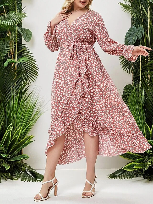 Women's Plus Size Curve Work Dress Swing Dress Semi Formal Dress Fashion Midi Dress Lace Up Ruffle V Neck Long Sleeve Floral Loose Fit Pink Fall Winter L XL XXL 3XL 4XL 3 Women's Plus Size Curve Work Dress Swing Dress Semi Formal Dress Fashion Midi Dress Lace Up Ruffle V Neck Long Sleeve Floral Loose Fit Pink Fall Winter L XL XXL 3XL 4XL - Image 3
