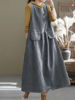 Women's Denim Dress Swing Dress Denim Overall Pinafore Dress Maxi Long Dress Cotton Denim Casual Daily Holiday Vacation Crew Neck Pocket Sleeveless Summer Spring 2023 Loose Fit Black Blue Pure Color -Casual Print Dress Sales vkomlq1683095219824