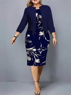 Women's Plus Size Curve Casual Dress Dress Set Two Piece Dress Floral Geometric Midi Dress Long Sleeve Print Crew Neck Fashion Outdoor Pink Navy Blue Fall Winter L XL XXL 3XL 4XL -Casual Print Dress Sales vkphsa1695807525936