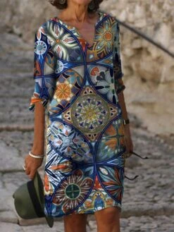 Women's Ethnic Dress Sheath Dress Midi Dress Rainbow 3/4 Length Sleeve Floral Print Spring Fall V Neck Elegant 2023 M L XL XXL 3XL