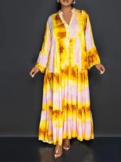 Women's Shirt Dress Casual Dress Swing Dress Maxi Long Dress Outdoor Daily Vacation Polyester Fashion Modern Split Neck Ruffle Print Long Sleeve Summer Spring Fall 2023 Loose Fit White Tie Dye Flower -Casual Print Dress Sales vkyvfl1691057442436