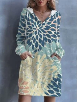 Women's Casual Dress Hoodie Dress Shift Dress Floral Pocket Drawstring Hooded Mini Dress Fashion Streetwear Outdoor Daily Long Sleeve Loose Fit Yellow Light Green Pink Spring Fall S M L XL XXL -Casual Print Dress Sales vlapgg1692783599357