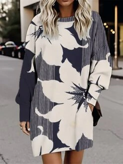 Women's Casual Dress Sweatshirt Dress Winter Dress Floral Pocket Print Crew Neck Mini Dress Fashion Streetwear Outdoor Daily Long Sleeve Loose Fit Navy Blue Fall Winter S M L XL XXL