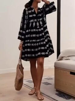 Women's Casual Dress Print Dress Spring Dress Geometric Print Split Neck Flared Sleeve Mini Dress Active Fashion Outdoor Street 3/4 Length Sleeve Regular Fit Black Spring Fall S M L XL