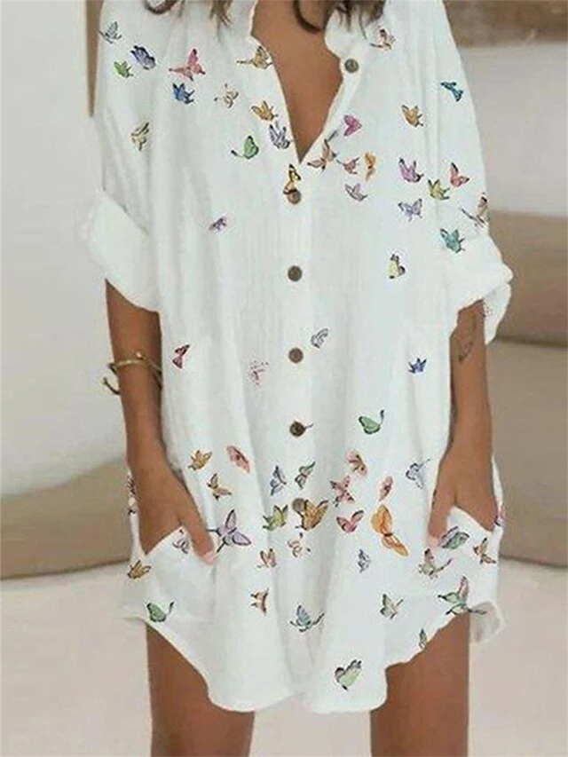Women's Shirt Dress Casual Dress Shift Dress Mini Dress Daily Vacation Polyester Fashion Modern V Neck Button Pocket Half Sleeve Summer Spring Fall 2023 Loose Fit White Butterfly S M L XL 2XL 3 Women's Shirt Dress Casual Dress Shift Dress Mini Dress Daily Vacation Polyester Fashion Modern V Neck Button Pocket Half Sleeve Summer Spring Fall 2023 Loose Fit White Butterfly S M L XL 2XL - Image 3