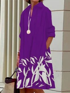 Women's Shirt Dress Casual Dress Midi Dress Outdoor Office Daily Polyester Fashion Modern Shirt Collar Button Pocket Long Sleeve Summer Spring Fall 2023 Loose Fit Wine Dark Pink Navy Blue Leaf S M L -Casual Print Dress Sales vmtiww1690436691587