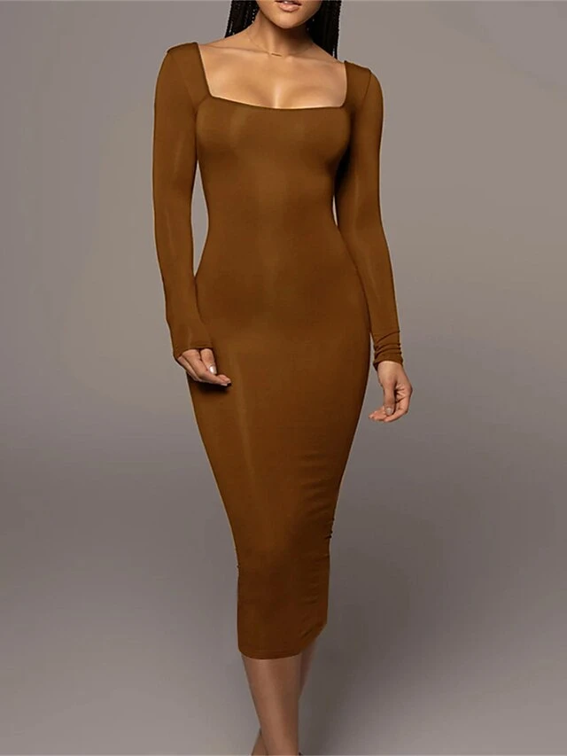 Women's Casual Dress Winter Dress Bodycon Midi Dress Ruched Street Daily Holiday Fashion Streetwear Square Neck Long Sleeve 2023 Regular Fit Black Pink Red Color S M L Size 1 Women's Casual Dress Winter Dress Bodycon Midi Dress Ruched Street Daily Holiday Fashion Streetwear Square Neck Long Sleeve 2023 Regular Fit Black Pink Red Color S M L Size
