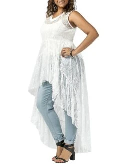 Women‘s Plus Size Curve Casual Dress Lace Dress A Line Dress Solid Color Mini Dress Sleeveless Lace Plus High Low V Neck Fashion Outdoor Black White Summer Spring XL XXL 3XL 4XL 5XL