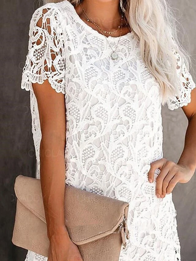 Women's Party Dress Lace Dress T Shirt Dress Tee Dress Mini Dress White Short Sleeve Pure Color Lace Summer Spring Crew Neck Casual 2022 S M L XL XXL 5 Women's Party Dress Lace Dress T Shirt Dress Tee Dress Mini Dress White Short Sleeve Pure Color Lace Summer Spring Crew Neck Casual 2022 S M L XL XXL - Image 5