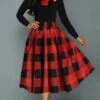 Women‘s Christmas Retro Elegant Vintage Dress Midi Dress Party Ruffle Patchwork Plaid Crew Neck Long Sleeve Regular Fit Fall Winter 2023 Red S M L XL
