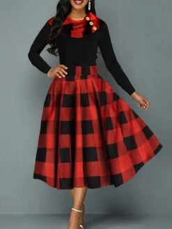 Women‘s Christmas Retro Elegant Vintage Dress Midi Dress Party Ruffle Patchwork Plaid Crew Neck Long Sleeve Regular Fit Fall Winter 2023 Red S M L XL