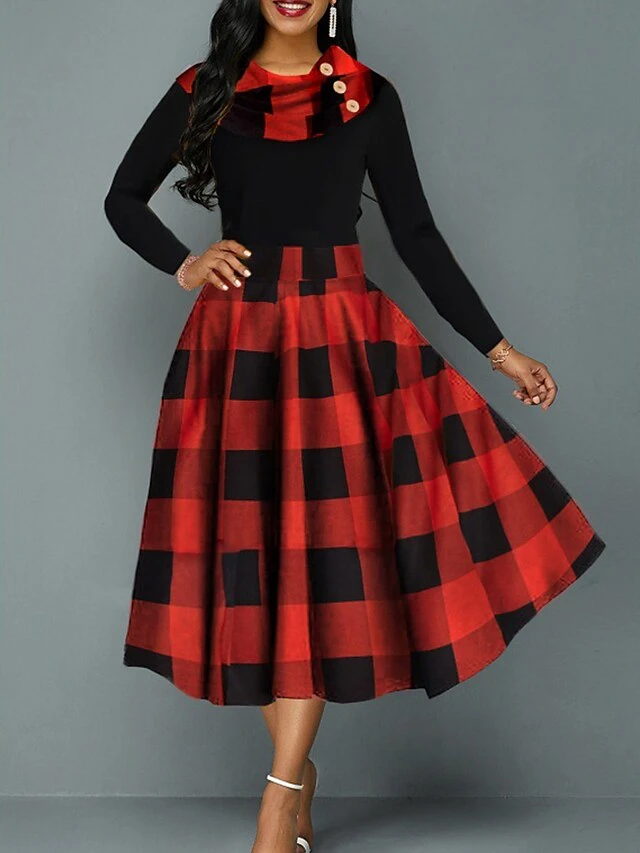 Women‘s Christmas Retro Elegant Vintage Dress Midi Dress Party Ruffle Patchwork Plaid Crew Neck Long Sleeve Regular Fit Fall Winter 2023 Red S M L XL 1 Women‘s Christmas Retro Elegant Vintage Dress Midi Dress Party Ruffle Patchwork Plaid Crew Neck Long Sleeve Regular Fit Fall Winter 2023 Red S M L XL