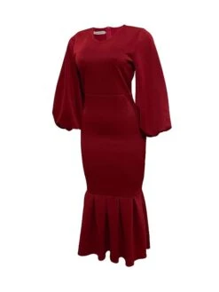 Women‘s Plus Size Curve Party Dress Solid Color V Neck Ruched Puff Sleeve Long Sleeve Winter Fall Casual Maxi Long Dress Party Vacation Dress Sheath Dress Black Dress -Casual Print Dress Sales vpdeuk1649744191605