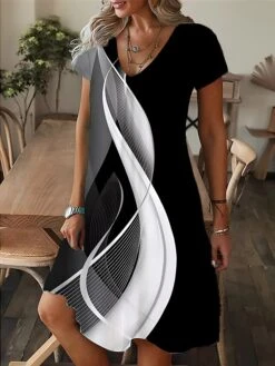 Women's Casual Dress Summer Dress Print Dress Geometric Color Block Print V Neck Mini Dress Active Fashion Outdoor Daily Short Sleeve Regular Fit Black Wine Navy Blue Summer Spring S M L XL XXL