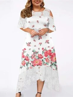 Women‘s Plus Size Curve Holiday Dress Floral Crew Neck Lace Half Sleeve Fall Spring Maxi Long Dress Date Vacation Dress Print -Casual Print Dress Sales vpjayn1654584189465