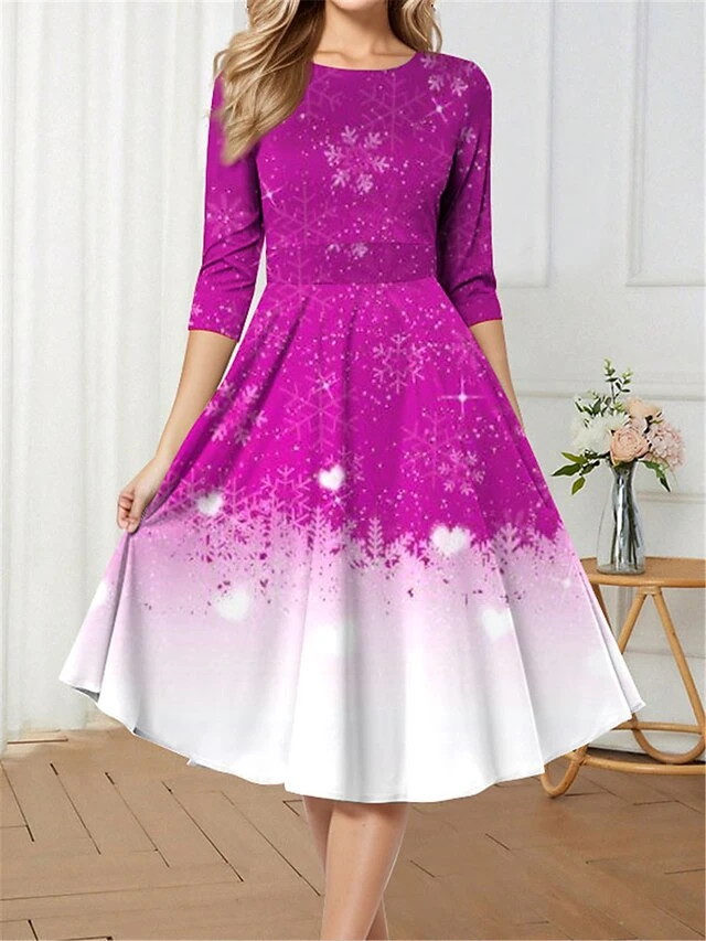 Women's Retro 1950s Vintage Dress Midi Dress Christmas Daily Print Snowflake Crew Neck 3/4 Length Sleeve Slim Spring Fall 2023 Wine Blue S M L XL 2 Women's Retro 1950s Vintage Dress Midi Dress Christmas Daily Print Snowflake Crew Neck 3/4 Length Sleeve Slim Spring Fall 2023 Wine Blue S M L XL - Image 2