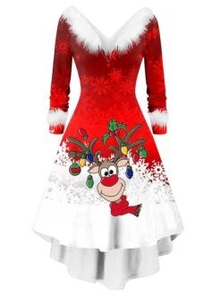 Women's Christmas Swing Dress Vintage Dress Midi Dress Green Silver Wine Red Brown White Long Sleeve Print Plus High Low Print Winter Fall V Neck Vintage Romantic Traditional 2022 S M L XL 2XL -Casual Print Dress Sales vpnztt1666768626795
