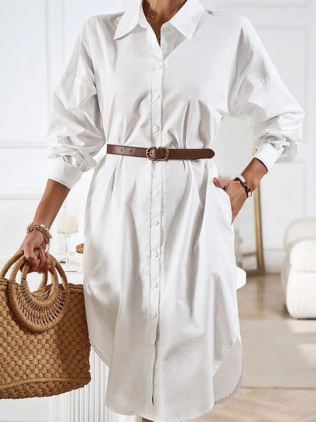 Women's Casual Dress Work Dress Shift Dress Mini Dress Outdoor Office Business Cotton Classic Modern Shirt Collar Button Pocket Long Sleeve Summer Spring Fall 2023 Loose Fit Black White Blue Pure 2 Women's Casual Dress Work Dress Shift Dress Mini Dress Outdoor Office Business Cotton Classic Modern Shirt Collar Button Pocket Long Sleeve Summer Spring Fall 2023 Loose Fit Black White Blue Pure - Image 2