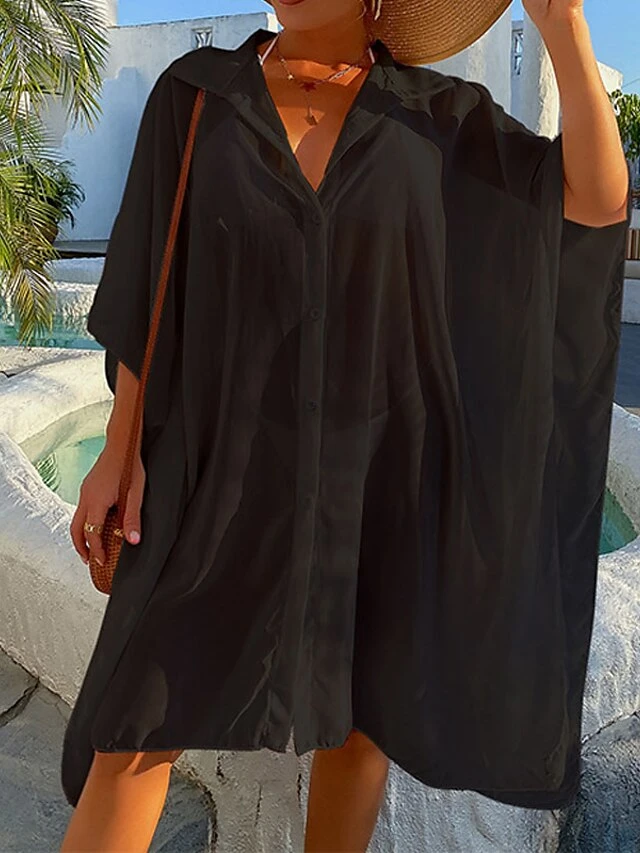 Women's Swimwear Cover Up Beach Top Normal Swimsuit UV Protection Modest Swimwear Button Pure Color White Black Bathing Suits New Casual Vacation / Modern 11 Women's Swimwear Cover Up Beach Top Normal Swimsuit UV Protection Modest Swimwear Button Pure Color White Black Bathing Suits New Casual Vacation / Modern - Image 11