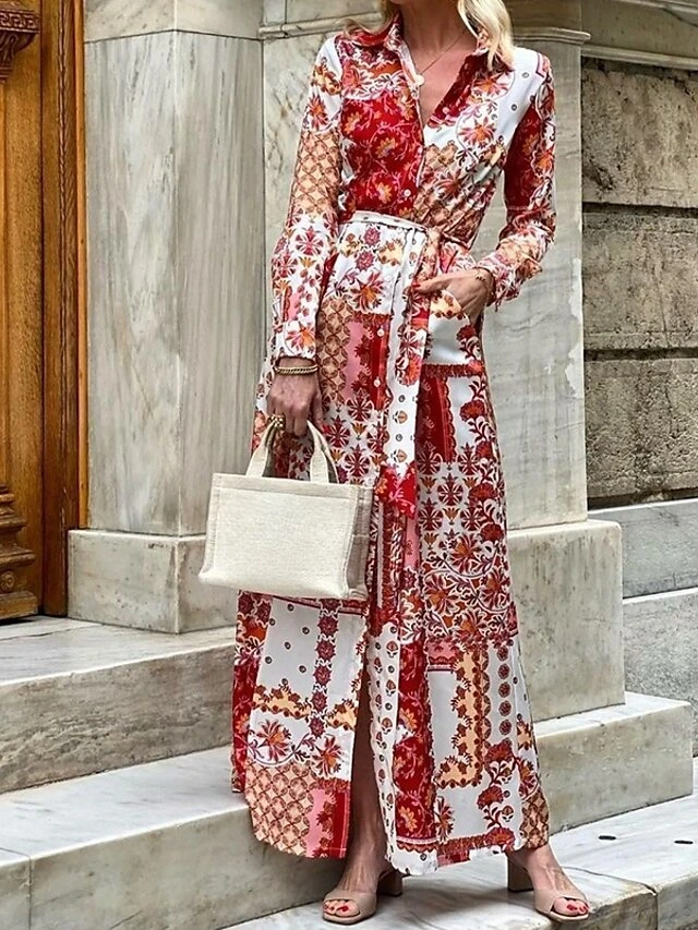 Women's Casual Dress Shift Dress Print Dress Floral Button Pocket Shirt Collar Long Dress Maxi Dress Fashion Elegant Street Daily Long Sleeve Loose Fit Red Spring Fall S M L XL 2 Women's Casual Dress Shift Dress Print Dress Floral Button Pocket Shirt Collar Long Dress Maxi Dress Fashion Elegant Street Daily Long Sleeve Loose Fit Red Spring Fall S M L XL - Image 2