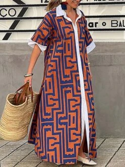 Women's Shirt Dress Casual Dress Maxi Long Dress Outdoor Daily Vacation Polyester Fashion Basic Shirt Collar Button Split Short Sleeve Summer Spring 2023 Loose Fit Orange Geometric S M L XL
