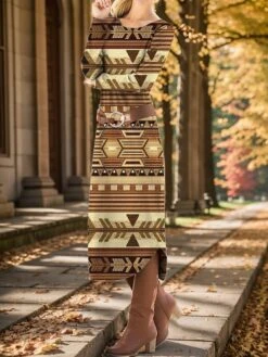 Women's Casual Dress Winter Dress Ethnic Dress Geometric Color Block With Belt Print Crew Neck Midi Dress Vintage Ethnic Outdoor Daily Long Sleeve Loose Fit Black Red Brown Fall Winter S M L XL XXL -Casual Print Dress Sales vqgzwu1697023065205