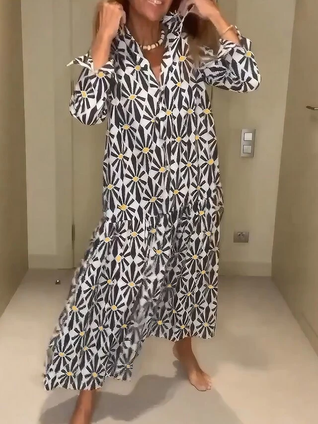 Women's Long Dress Maxi Dress Shirt Dress Casual Dress Print Dress Geometric Streetwear Modern Outdoor Daily Vacation Ruffle Button Long Sleeve Shirt Collar Dress Regular Fit Black Summer Spring S M 1 Women's Long Dress Maxi Dress Shirt Dress Casual Dress Print Dress Geometric Streetwear Modern Outdoor Daily Vacation Ruffle Button Long Sleeve Shirt Collar Dress Regular Fit Black Summer Spring S M