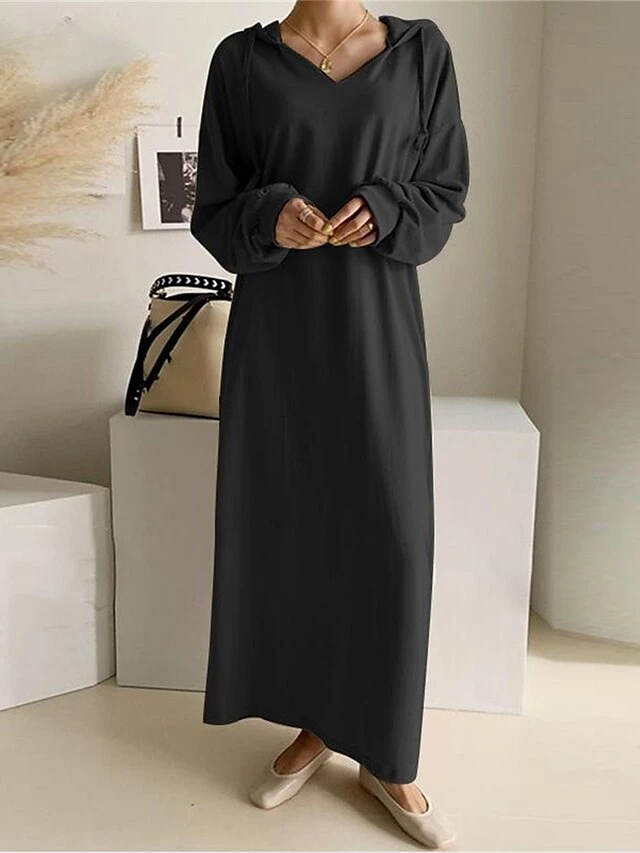 Women's Plus Size Curve Casual Dress Hoodie Dress Solid Color Long Dress Maxi Dress Long Sleeve Pocket Hooded Fashion Outdoor Black Khaki Fall Winter L XL XXL 3XL 4XL 3 Women's Plus Size Curve Casual Dress Hoodie Dress Solid Color Long Dress Maxi Dress Long Sleeve Pocket Hooded Fashion Outdoor Black Khaki Fall Winter L XL XXL 3XL 4XL - Image 3