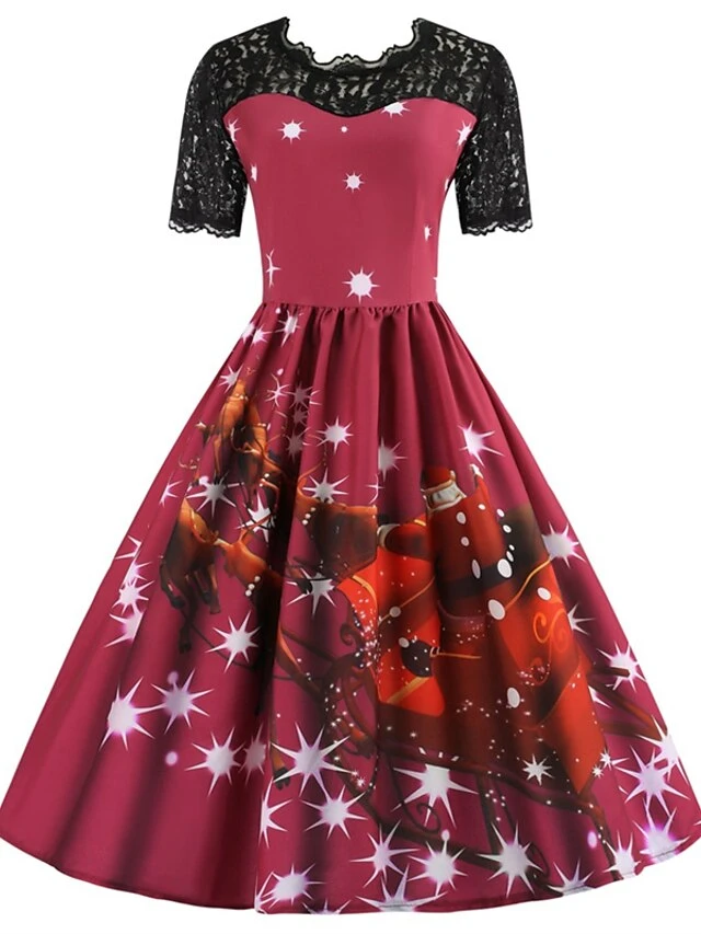 Women's Christmas Lace Dress Swing Dress Maxi Long Dress Claret Green Blue Purple Red Rose Red Short Sleeve Santa Claus Print Lace Patchwork Winter Fall Crew Neck Vintage Fashion Elegant 2022 S M L 2 Women's Christmas Lace Dress Swing Dress Maxi Long Dress Claret Green Blue Purple Red Rose Red Short Sleeve Santa Claus Print Lace Patchwork Winter Fall Crew Neck Vintage Fashion Elegant 2022 S M L - Image 2