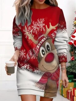 Women's Christmas Casual Dress Sweatshirt Dress Mini Dress Warm Fashion OutdoorVacation Crew Neck Print Santa Claushat Loose Fit ArmyGreen Black White S M L XL XXL