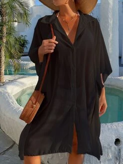 Women's Swimwear Cover Up Beach Top Normal Swimsuit UV Protection Modest Swimwear Button Pure Color White Black Bathing Suits New Casual Vacation / Modern 18 Women's Swimwear Cover Up Beach Top Normal Swimsuit UV Protection Modest Swimwear Button Pure Color White Black Bathing Suits New Casual Vacation / Modern -Casual Print Dress Sales vrjnci1642659069793