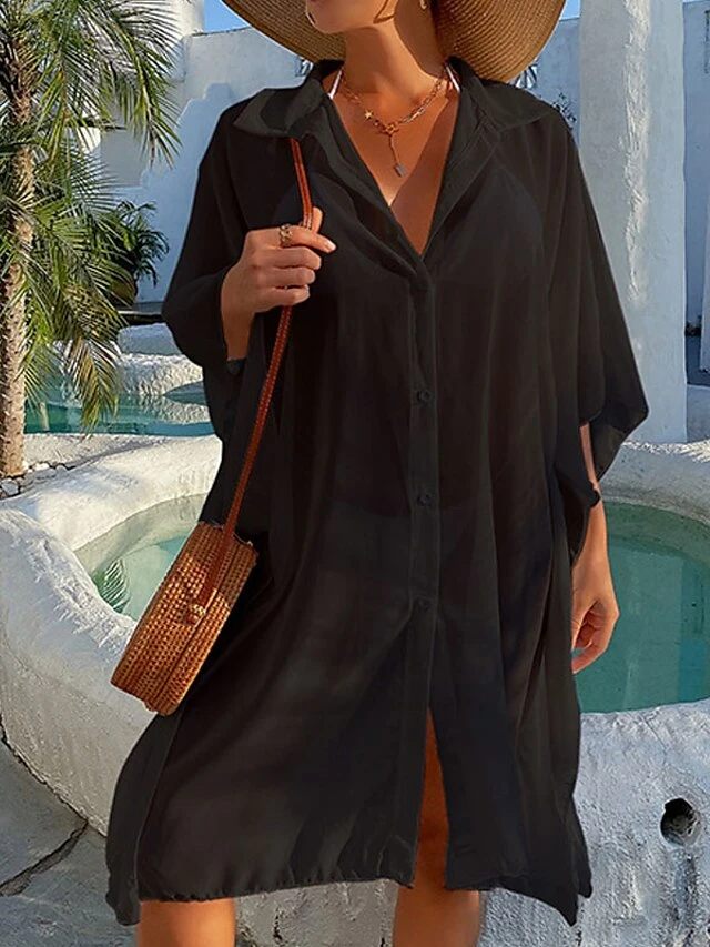 Women's Swimwear Cover Up Beach Top Normal Swimsuit UV Protection Modest Swimwear Button Pure Color White Black Bathing Suits New Casual Vacation / Modern 7 Women's Swimwear Cover Up Beach Top Normal Swimsuit UV Protection Modest Swimwear Button Pure Color White Black Bathing Suits New Casual Vacation / Modern - Image 7