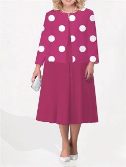 Women's Plus Size Curve Two Piece Dress Set Casual Dress Print Dress Outdoor Office Fashion Streetwear Print Midi Dress Crew Neck Long Sleeve Polka Dot White Yellow Fuchsia Fall Winter L XL XXL -Casual Print Dress Sales vryukr1692945882729