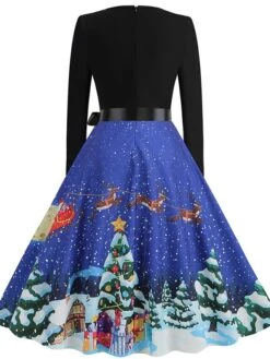 Women's Christmas Casual Dress Swing Dress Midi Dress Blue Purple Royal Blue Light Blue White Long Sleeve Santa Claus Elk Tree Bow Print Winter Fall V Neck Vacation Vintage 2022 S M L XL -Casual Print Dress Sales vryzly1666927317669