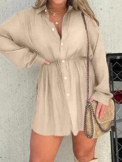 Women's Shirt Dress Casual Dress Mini Dress Outdoor Daily Date Polyester Fashion Casual Shirt Collar Lace Up Button Long Sleeve Fall Winter 2023 Loose Fit ArmyGreen Black Wine Pure Color S M L XL 2XL -Casual Print Dress Sales vsvnpp1695644795906