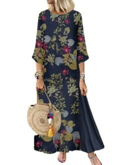 Women's Plus Size Holiday Dress Floral Crew Neck Print 3/4 Length Sleeve Fall Spring Casual Maxi Long Dress Causal Daily Dress / Linen -Casual Print Dress Sales vufrgk1631504231470